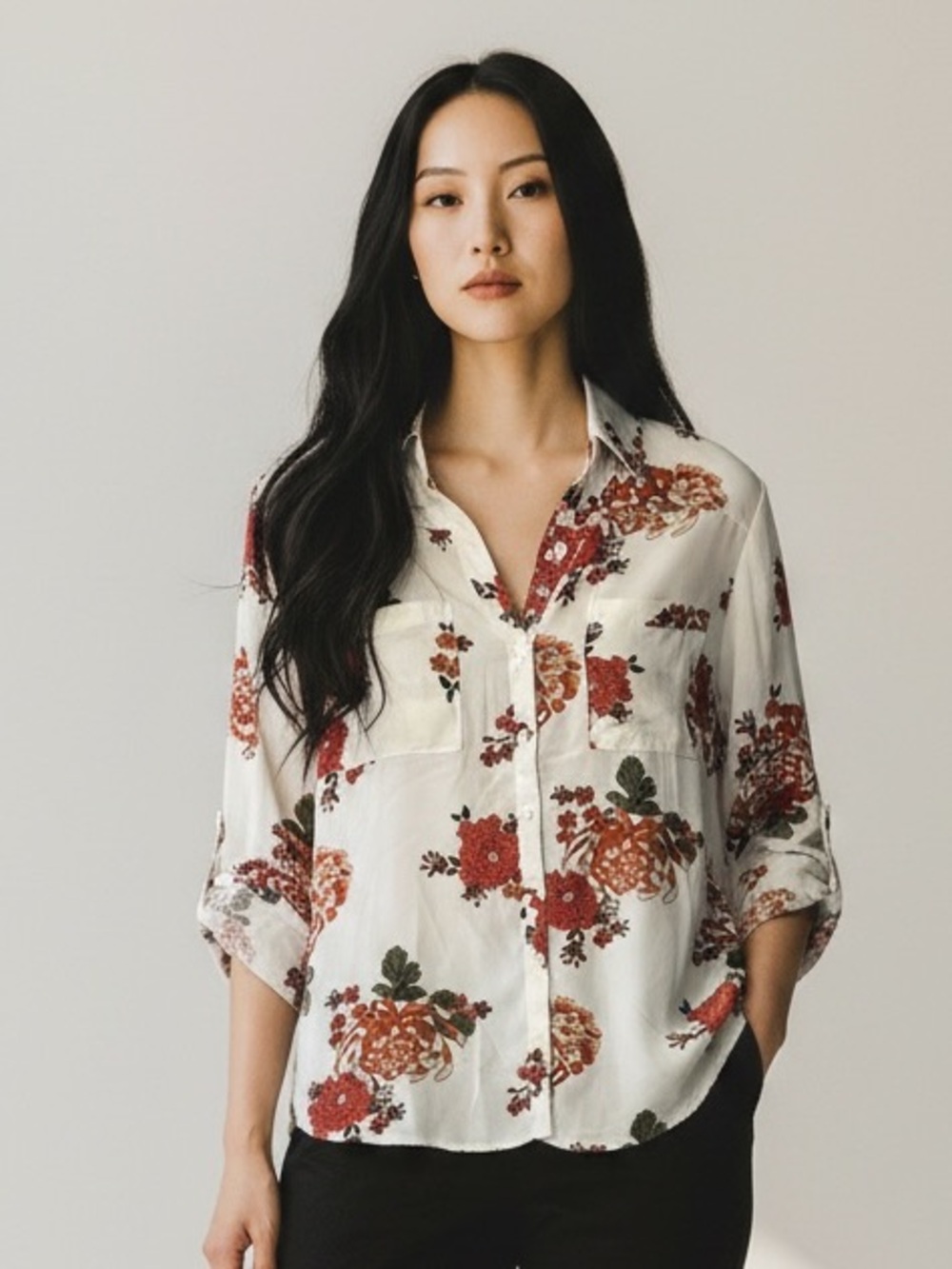 Express White Floral Button-Down Shirt with Red & Orange Blooms